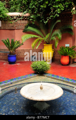 Bassin d'eau et les pots de fleurs dans le Jardin Majorelle, Marrakech, Maroc, Afrique Banque D'Images