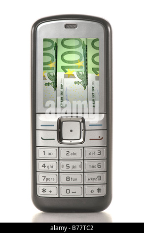 Téléphone mobile avec des billets en euros sur son écran, symbole pour l'augmentation des coûts de téléphone Banque D'Images