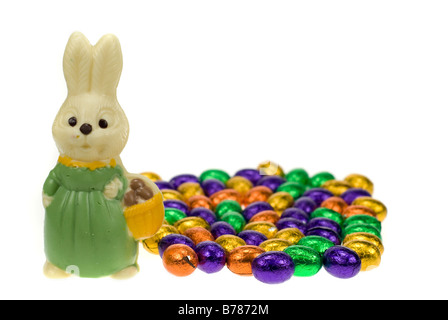 Mignon lapin de pâques entouré d'oeufs de pâques isolé sur fond blanc Banque D'Images