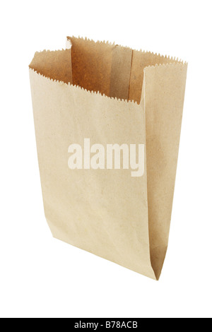 Brown sac en papier vide sur fond blanc Banque D'Images