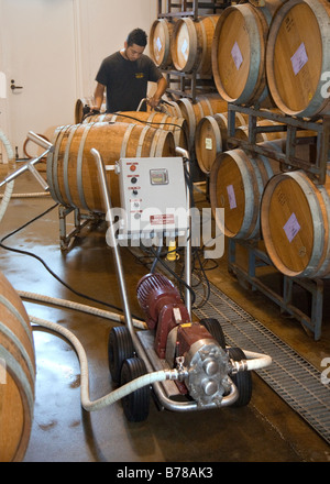 Travailleur Winery le jus de raisin les pompes d'un fût de chêne à l'autre à JOULLIAN VIGNES CARMEL VALLEY EN CALIFORNIE Banque D'Images