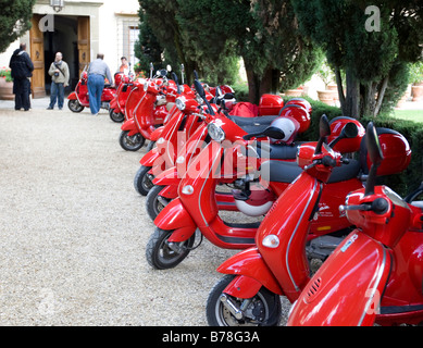 Scooters sur rouge un cyprès chemin bordé d'arbres au vignoble Verrazzano, Chianti, Province de Florence, Florence, Toscane, Italie, E Banque D'Images