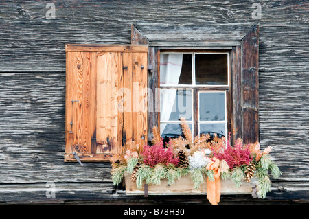 La Suisse, l'Arosa, Fenêtre et boîte à fleurs Banque D'Images