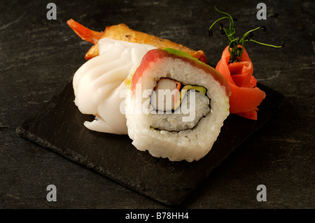 'Apéro', California roll, rouleau de printemps et le gingembre en saumure, Haute Cuisine, LLabaroche, Alsace, France, Europe Banque D'Images