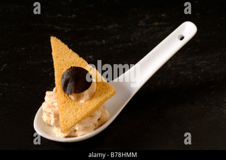 Apéro', mousse de foie gras à la truffe sur une cuillère en porcelaine, haute cuisine, Labaroche, Alsace, France, Europe Banque D'Images