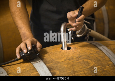 Travailleur Winery le jus de raisin les pompes d'un fût de chêne à l'autre à JOULLIAN VIGNES CARMEL VALLEY EN CALIFORNIE Banque D'Images