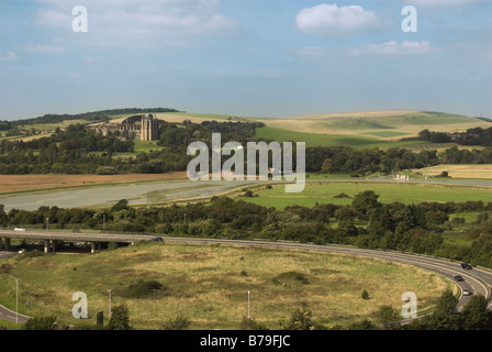 Lancing College, rivière Adur et une partie de l'A27 / A283 informatisé (Shoreham flyover), Sussex de l'Ouest. Banque D'Images