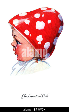 Petite fille avec robe rouge avec fly agarics hat Banque D'Images