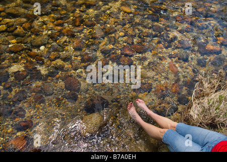 Les pieds d'une femme avec des ongles rouges dans un ruisseau Banque D'Images