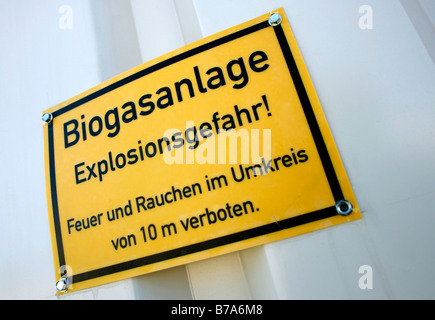 Panneau d'avertissement, danger d'explosion dans le bâtiment technique d'une usine de biogaz de la Schmack Biogas AG à Schwandorf, Bavaria, Banque D'Images