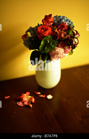 Vase de fleurs roses et de mourir vieux hydrangea Banque D'Images