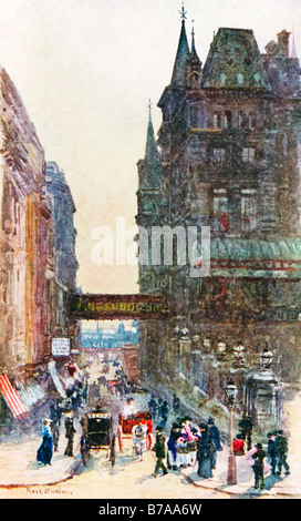 Villiers Street Charing Cross 1902 Peinture de Rose Barton de la route par le côté de la gare et l'hôtel de Londres Banque D'Images
