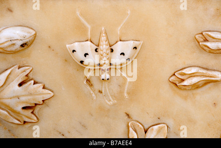 Une sculpture délicate, détaillées sur un panneau en marbre montrant un papillon et une fleur. Banque D'Images