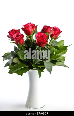 Un bouquet de roses rouges dans un vase blanc Banque D'Images