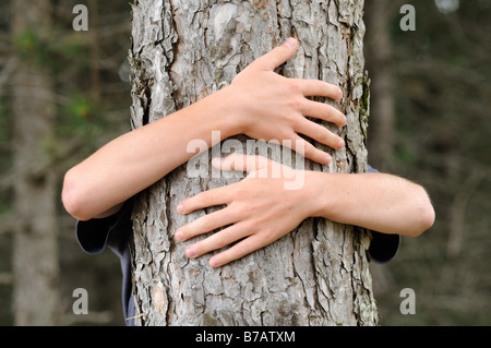 Boy Hugging Tree Banque D'Images