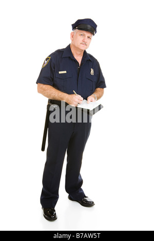 Agent de police en uniforme avec sa citation livre plein corps isolated on white Banque D'Images