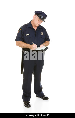 Vue complète du corps d'un agent de police écrit citation trafic isolated on white Banque D'Images