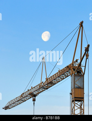 Matin lune sur une grue symbolisant le changement constant autour de nous Banque D'Images