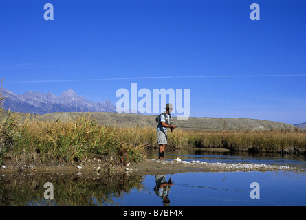 Un pêcheur de mouche jette à cuttroat truite sur Elk Creek dans le Wyoming avec les montagnes derrière 123 jufu teton Banque D'Images