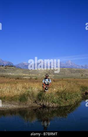 Un pêcheur de mouche jette à cuttroat truite sur Elk Creek dans le Wyoming avec les montagnes derrière 123 jufu teton Banque D'Images