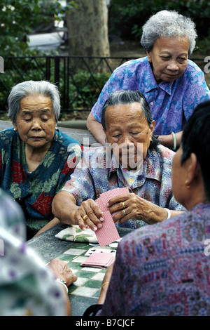 Jeu de carte, Columbus Park, Chinatown, New York City, USA Banque D'Images