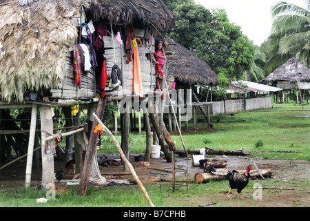 Village d'Embera indiens avec palm cabanes, Pavarando sur la rivière Sambu, Panama, Darien, Pavarando Banque D'Images