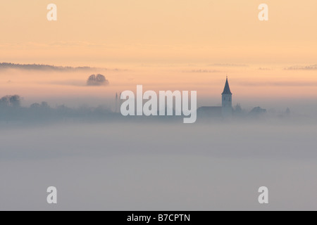 Brouillard au sol dans une vallée avec une agrafe, Allemagne, Bavière, Isental Banque D'Images