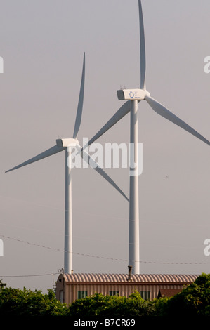 Éoliennes commerciales augmente au-dessus d'une construction en métal ondulé Banque D'Images