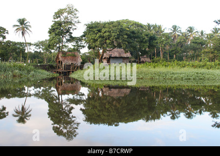 Huttes de palme sur la rive du Rio San Juan au Nicaragua, Nicaragua, Rio San Juan Banque D'Images