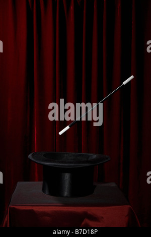 Une baguette magique planant au-dessus d'un top hat Banque D'Images