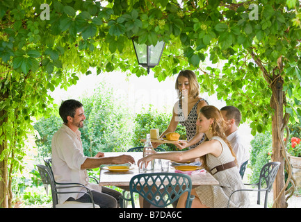Group enjoying meal in garden Banque D'Images