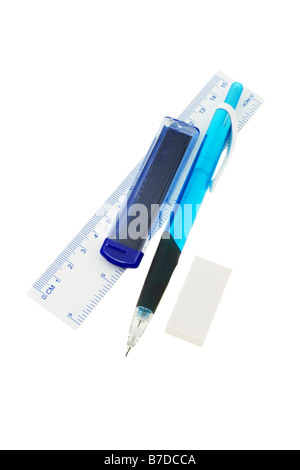 Gomme de crayon de plomb règle mécanique remplissage isolé sur fond blanc Banque D'Images