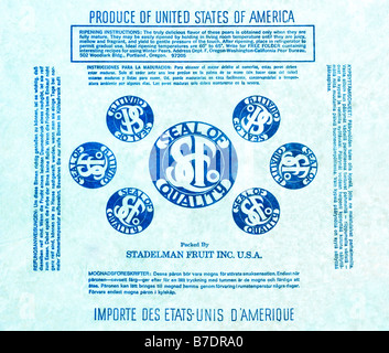 Imprimés éphémères / poire wrapper à partir de USA - cercle joint bleu logos sur papier de soie. Banque D'Images