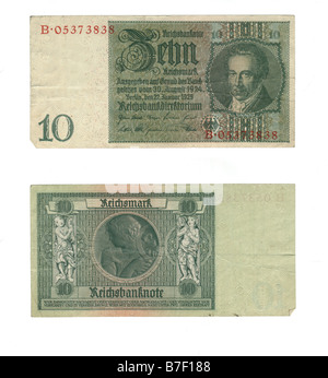 L'avers et le revers d'une guerre d'avant 1929 10 billets Reichsmark allemand Richard B Levine Banque D'Images