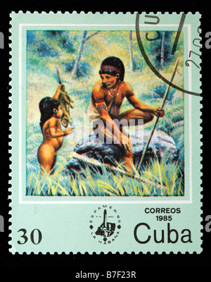 La chasse, la vie des hommes primitifs savage primeval préhistorique, timbre-poste, Cuba, 1985 Banque D'Images
