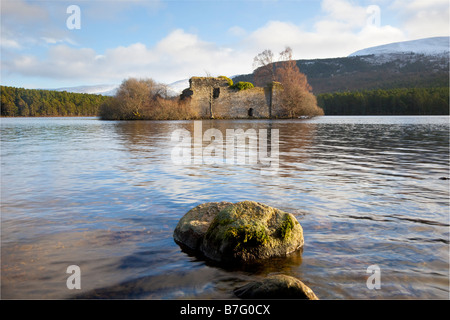 Historique 13e siècle ruinée Lochside island, forêt et colline du château d'eau douce au Loch an Eilein, Craig Dubhe, Rothiemurchus, Aviemore, Scotland, UK Banque D'Images