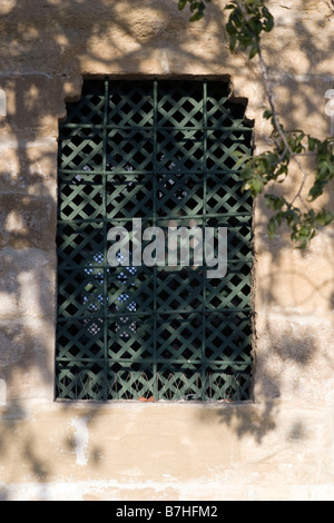 La mosquée Hala Sultan Tekkesi détails du mur en pierre jaune et vert avec des barres de fenêtre magnifique arbre ombre sur elle. Larnaca, Chypre Banque D'Images