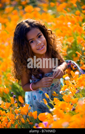 Petite fille 7 ans picking coquelicots de Californie à partir d'une colline à lake elsinore dans le comté de Riverside en Californie usa MR Banque D'Images