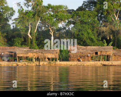 Village de pêche chaumières de chaume d'herbe et de roseaux sur pilotis sur la banque du fleuve Congo République démocratique du Congo Banque D'Images