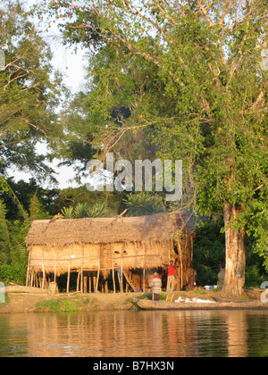 Village de pêche chaumières de chaume d'herbe et de roseaux sur pilotis sur la banque du fleuve Congo République démocratique du Congo Banque D'Images