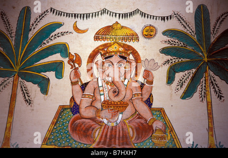 La murale peinte de Ganesh dieu de l'éléphant d'Inde Banque D'Images