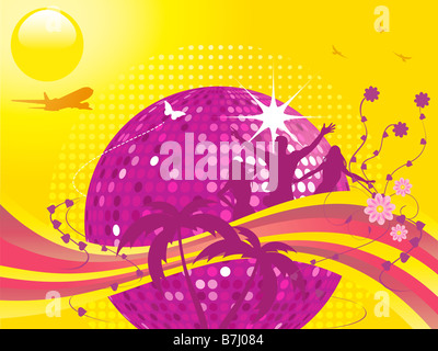 Abstract summer party background montage with sparkling boule disco et silhouette dancers Banque D'Images