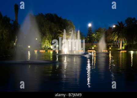 Dh Parque de Santa Catarina Santa Catarina Madeira Funchal park étang éclairé et fontaines de nuit Banque D'Images