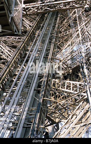 Paris, La Tour Eiffel, vue de l'arbre de relevage allant du sol à la première étape dans l'Est de la jambe. Banque D'Images