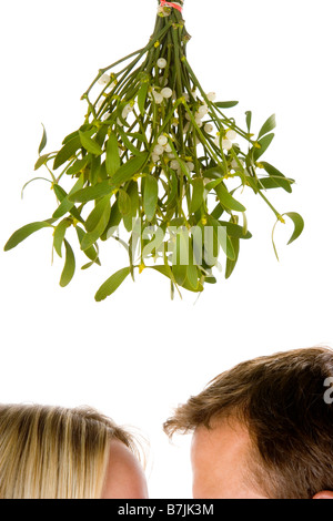 Le gui sous couple Standing Against White Background Banque D'Images