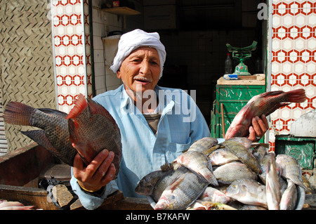 Le Caire, Égypte. Un poissonnier au Vieux Caire marché. L'année 2009. Banque D'Images