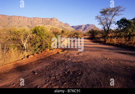 Paysage, safari africain, route à distance, montagnes, Waterberg Supergroup, Parc national de Marakele, Afrique du Sud, destination de voyage, attraction Banque D'Images