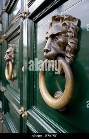 Heurtoirs de porte verte paire Lion en laiton Banque D'Images