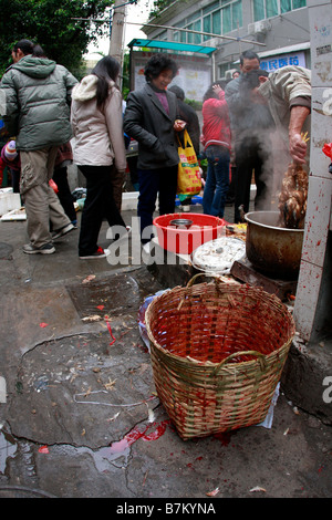 Paysan non réglementé non inspectés vend des volailles dans la rue du marché comme des morts s'élève du H5N1bir virus de la grippe aviaire en Chine. Banque D'Images