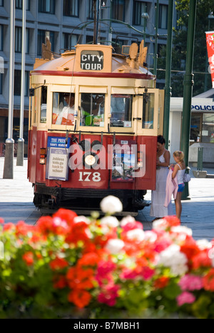 Boucle ville Tram, Place de la Cathédrale, Christchurch, Canterbury, Nouvelle-Zélande Banque D'Images